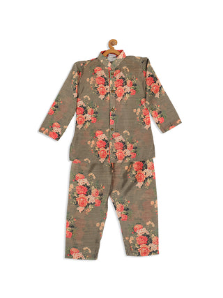 VASTRAMAY SISHU Boys Olive Green Floral Printed Kurta With Pyjama Set