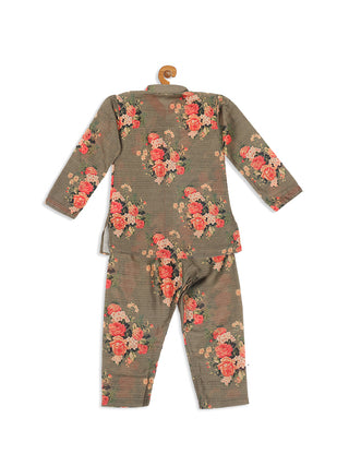 VASTRAMAY SISHU Boys Olive Green Floral Printed Kurta With Pyjama Set