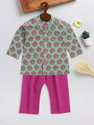 VASTRAMAY SISHU Boy's Green and Magenta Floral Printed Cotton Kurta Pyjama Set
