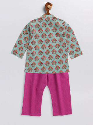 VASTRAMAY SISHU Boy's Green and Magenta Floral Printed Cotton Kurta Pyjama Set