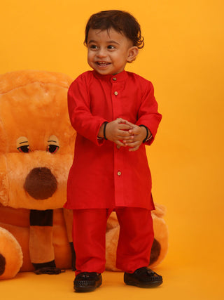VASTRAMAY SISHU Boy's Red Silk Blend Kurta Pyjama Set