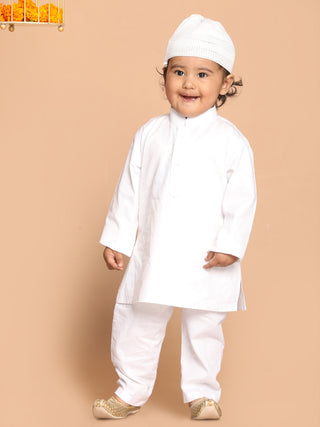 VASTRAMAY Boy's White Pure Cotton Kurta And Pyjama With Prayer Cap