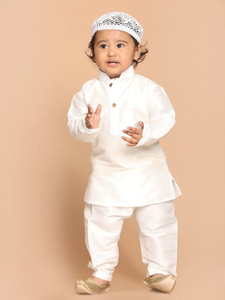 VASTRAMAY SISHU Boy's White Kurta And  Pyjama Set With Prayer Cap