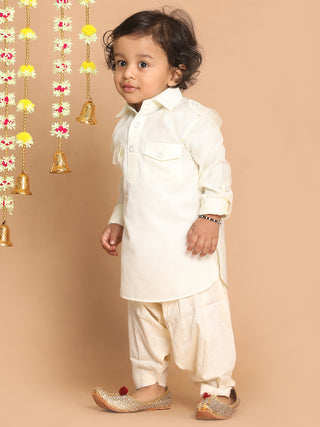 VASTRAMAY SISHU Boy's Cream Pathani Kurta With Patiala Set