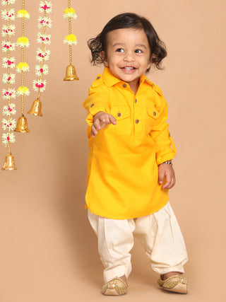 VASTRAMAY Boy's Yellow Pathani Shape Kurta With Cream Patiala Set