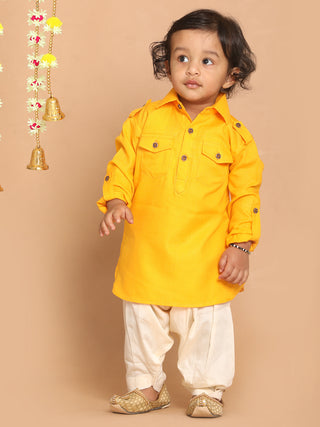 VASTRAMAY SISHU Boy's Yellow Pathani Shape Kurta With Cream Patiala Set