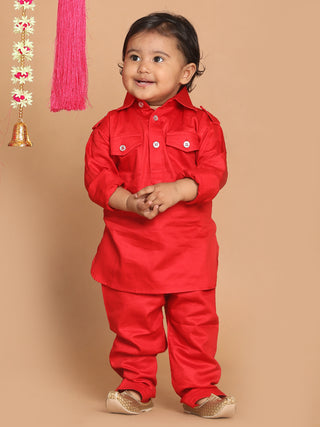 VASTRAMAY SISHU Boy's Red Pure Cotton Pathani Styl Kurta With Pyjama Set