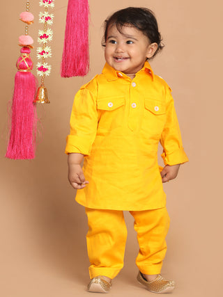 VASTRAMAY SISHU Boy's Yellow Pure Cotton Pathani Kurta With Pyjama Set