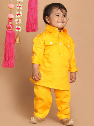 VASTRAMAY SISHU Boy's Yellow Pure Cotton Pathani Kurta With Pyjama Set