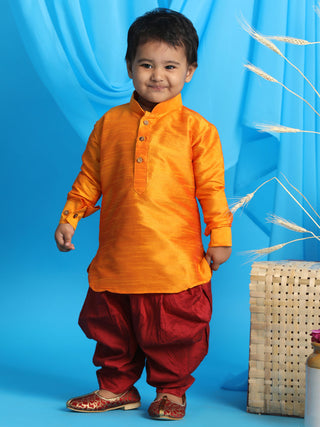 VASTRAMAY SISHU Boy's Orange Kurta And Maroon Dhoti Set
