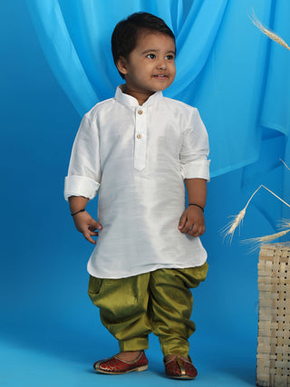 VASTRAMAY SISHU Boy's White & Light Green Kurta With Dhoti Pant Set