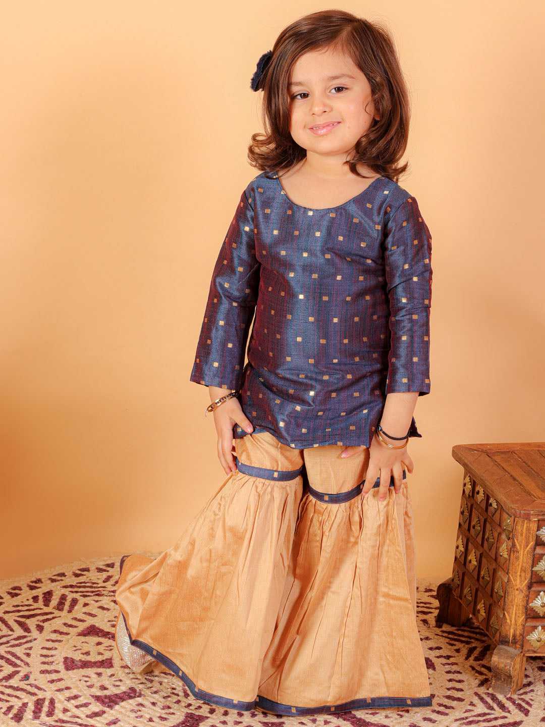 Sishu Girl's' Blue Zari Kurta And Rose Gold Sharara Set