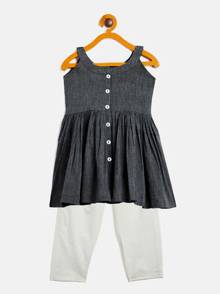VASTRAMAY SISHU Girl's Black Striped Handloom Kurta With Cream Pyjama Set
