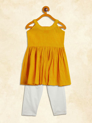 VASTRAMAY SISHU Girl's Mustard Striped Handloom Kurta With Cream Pyjama Set