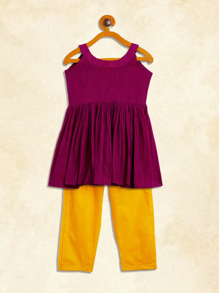 VASTRAMAY SISHU Girl's Purple Striped Handloom Kurta With Yellow Pyjama Set