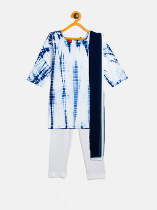 VASTRAMAY SISHU Girls Blue & White Pure Cotton Tie-Dye Kurta Leggings & Dupatta Set
