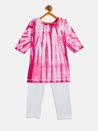 VASTRAMAY SISHU Girls Pink & White Pure Cotton Tie-Dye Kurta Leggings & Dupatta Set