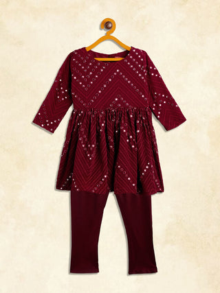 VASTRAMAY SISHU Girl's Maroon Mirror Kurta Pyjama Set