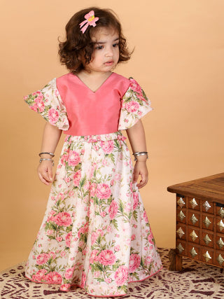 VASTRAMAY SISHU Girl's Pink Printed Skirt And Ruffle Sleeves Crop Top Set