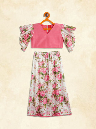 VASTRAMAY SISHU Girl's Pink Printed Skirt And Ruffle Sleeves Crop Top Set