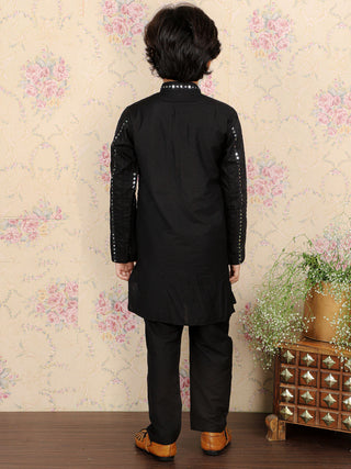 VASTRAMAY Boys Black Embroidered Vertical Mirror Work Kurta With Pyjama Set