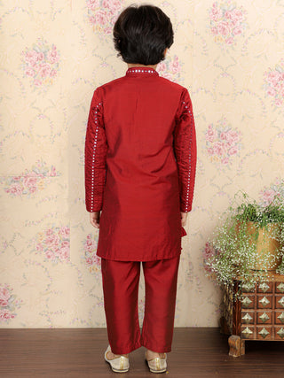 VASTRAMAY Boys Maroon Embroidered Vertical Mirror Work Kurta With Pyjama Set