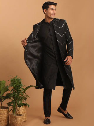 Vastramay Men's Black Solid Kurta Pant Set With Mirror Over Coat Combo Set