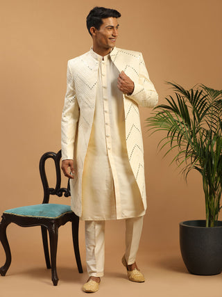 Vastramay Men's Cream Solid Kurta Pant Set With Mirror Over Coat Combo Set