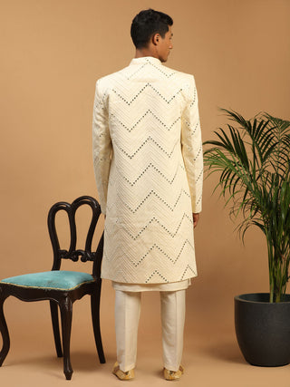 SHRESTHA By VASTRAMAY Men's Cream Solid Kurta Pant Set With Mirror Over Coat Combo Set