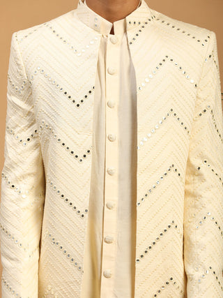 Vastramay Men's Cream Solid Kurta Pant Set With Mirror Over Coat Combo Set