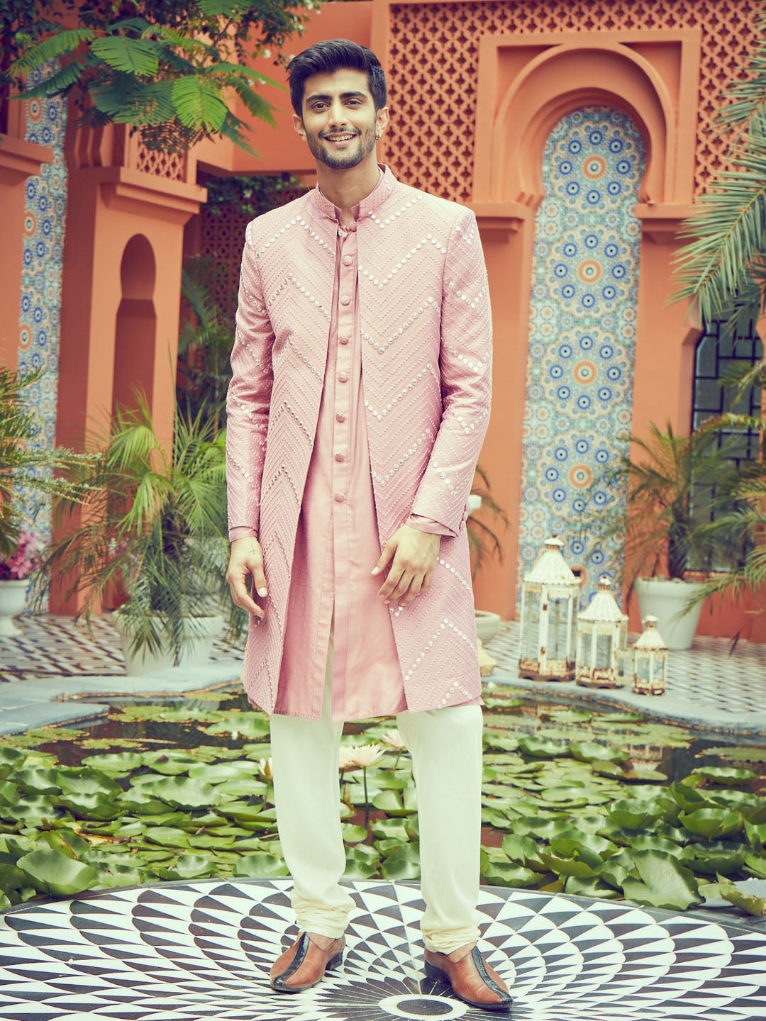 Men's onion solid kurta pant set with mirror work overcoat for wedding and festive celebrations