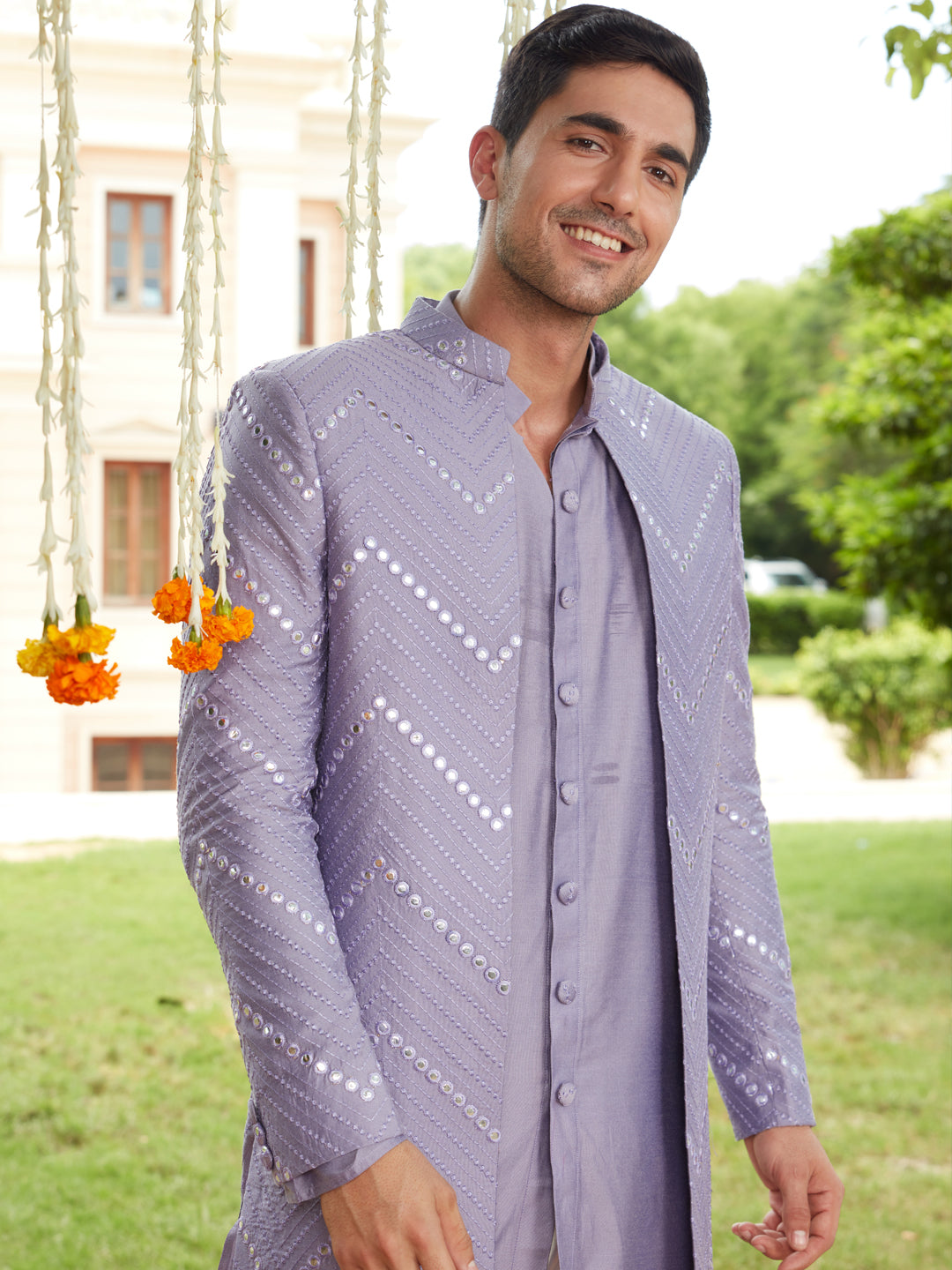 Men's purple solid kurta pant set with mirror work overcoat for weddings and festive wear