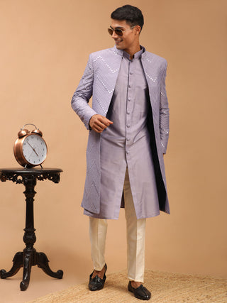 Vastramay Men's Purple Solid Kurta Pant Set With Mirror Over Coat Combo Set