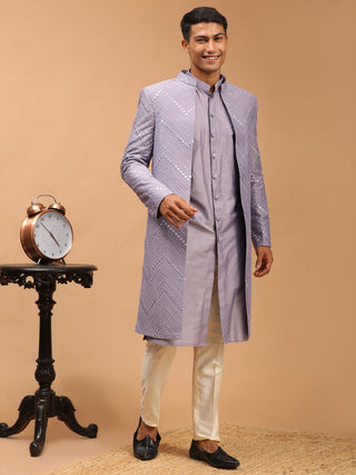 SHRESTHA By VASTRAMAY Men's Purple Solid Kurta Pant Set With Mirror Over Coat Combo Set