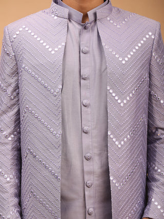 Vastramay Men's Purple Solid Kurta Pant Set With Mirror Over Coat Combo Set
