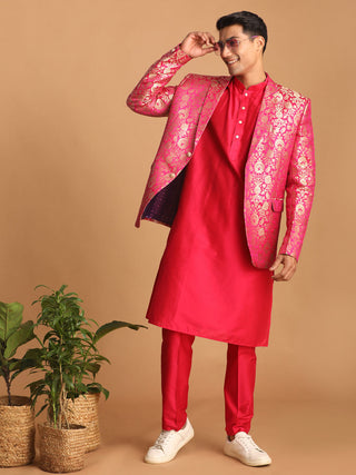 SHRESTHA BYby VASTRAMAY Men's Pink Jacquard Blazer With Solid Kurta And Pant Style Pyjama Set
