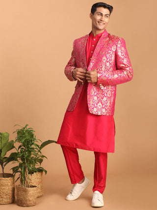 SHRESTHA BYby VASTRAMAY Men's Pink Jacquard Blazer With Solid Kurta And Pant Style Pyjama Set