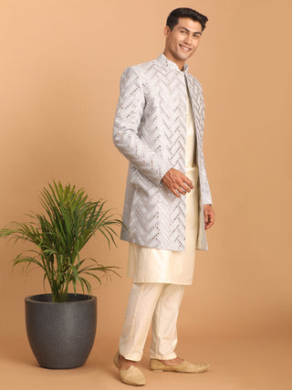 SHRESTHA By VASTRAMAY Men's Aqua Blue Mirror Indo Western Sherwani with Kurta Pyjama Set