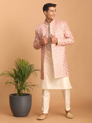 SHRESTHA By VASTRAMAY Men's Pink Mirror Indo Western Sherwani with Kurta Pyjama Set