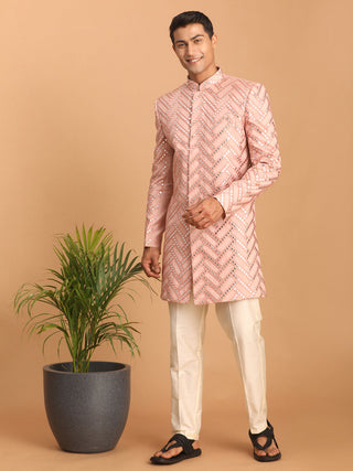 SHRESTHA By VASTRAMAY Men's Pink Mirror Indo Western Sherwani With Pant Set