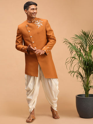 SHRESTHA By VASTRAMAY Men's Mustard Pearl Embroidered Indo With Dhoti Set