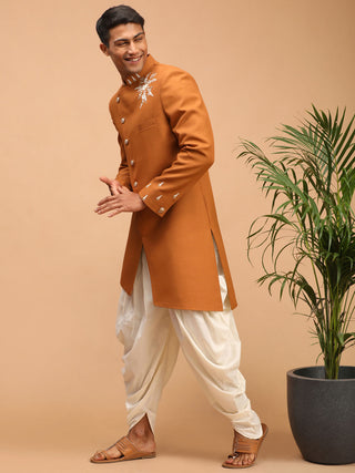 SHRESTHA By VASTRAMAY Men's Mustard Pearl Embroidered Indo With Dhoti Set