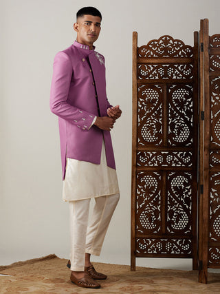 SHRESTHA By VASTRAMAY Men's Purple Pearl Embroidered Indo With Kurta Pant Set