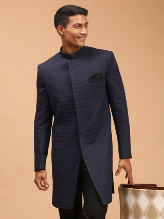Vastramay Men's Navy Blue imported Jacquard Self Design Sherwani Only Top