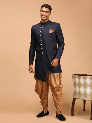 Vastramay Men's Navy Blue Cotton Blend Asymmetric Angrakha Indo Western With Rose Gold Dhoti Set