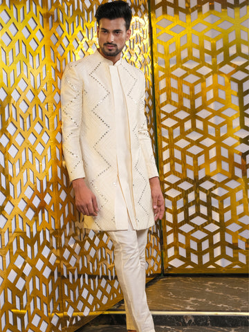 Vastramay Men's Cream Mirror Indo Western Sherwani With Pant Set