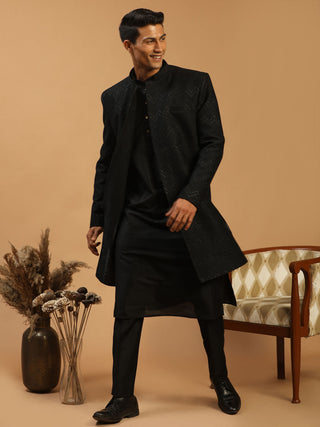 Vastramay Men's Black Glitter Indo Sherwani With Kurta Pant Set