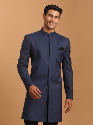 SHRESTHA By VASTRAMAY Men's Navy Blue Solid Silk Blend Indo Western Only Top