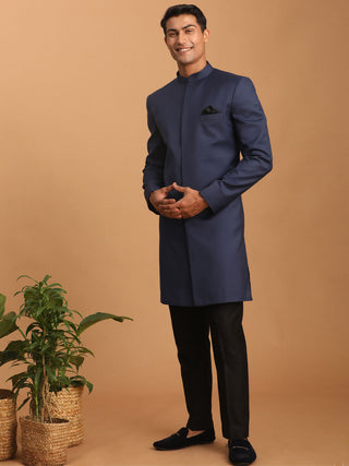 SHRESTHA By VASTRAMAY Men's Navy Blue Solid Silk Blend Indo Western With Black Pant Set