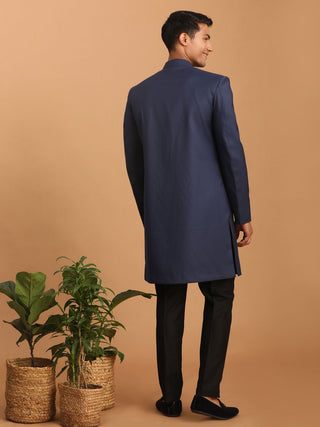 SHRESTHA By VASTRAMAY Men's Navy Blue Solid Silk Blend Indo Western With Black Pant Set